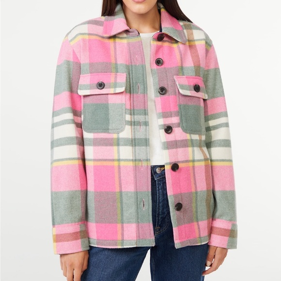 Free Assembly Pink & Green Plaid Button Down Shacket - Size Small - Picture 1 of 5